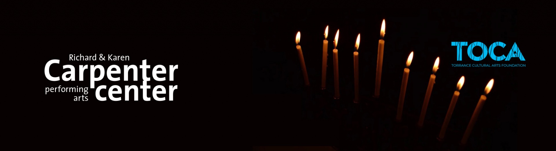 The Carpenter Center logo on the left with the lit candles of a Manorah on the right