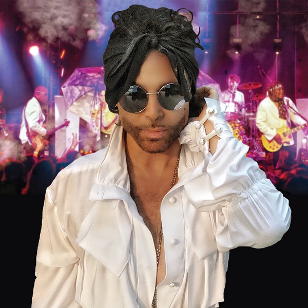 Marshall Charloff as Prince, with his band behind him on stage.