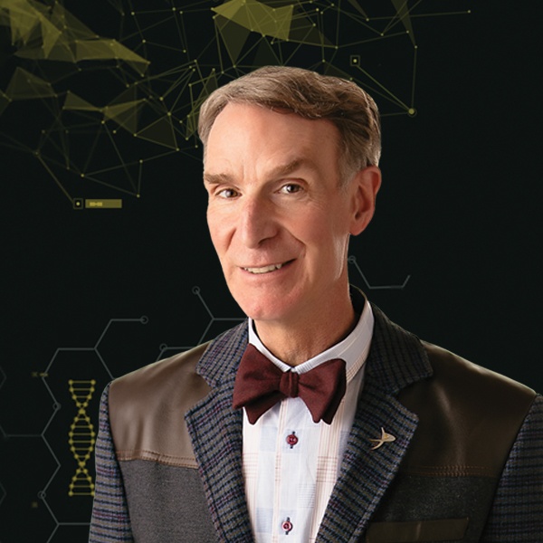 Bill Nye in a bow tie in front of a background with science imagery