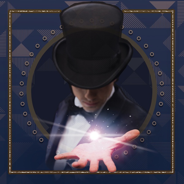 A magician in a top hat with one arm outstretched, a glowing point of light floating above their open palm.