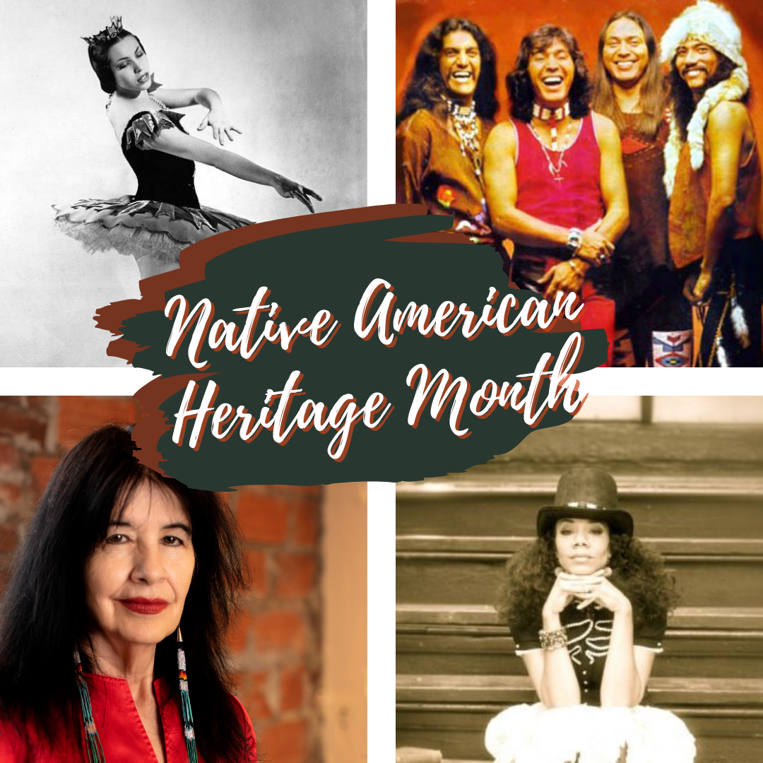 Image of Native American groups, dancers, and performers with the text Native American Heritage Month written in script