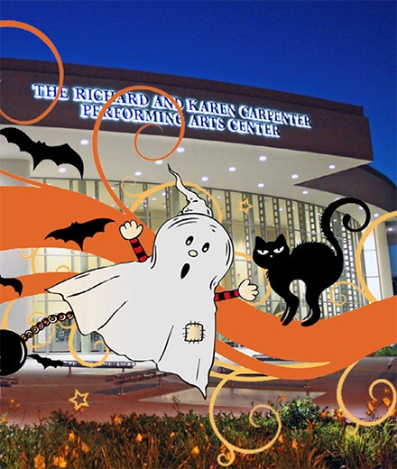 Carpenter Center building at night with superimposed images of pumpkins, ghosts, and bats.