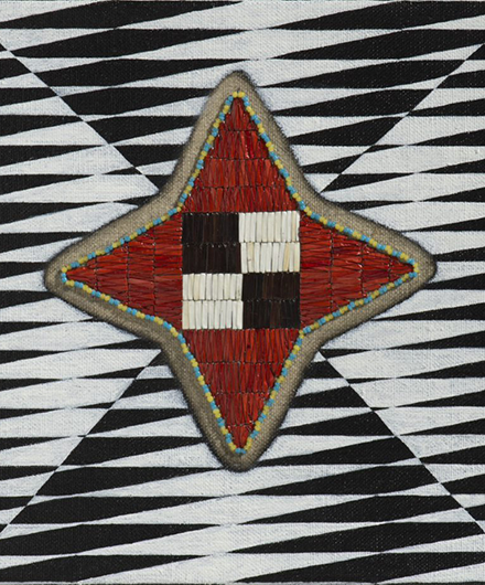 Artwork displaying the use of materials in a fine weave in a star shape over a black and white pattern.