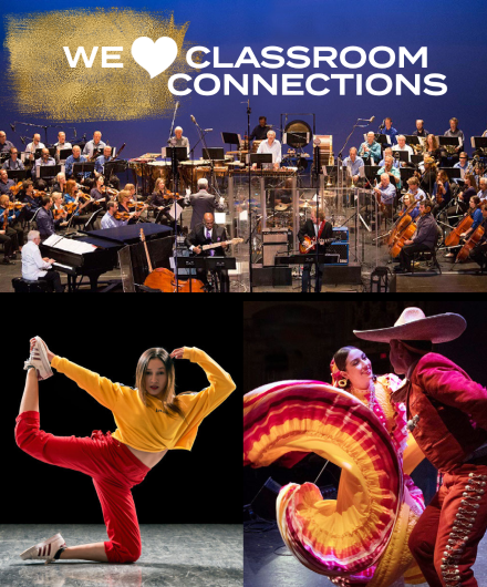 Composite of Ballet Folklorico, Versa-Style Dance, and Symphonic Jazz Orchestra with the words We Love Classroom Connections
