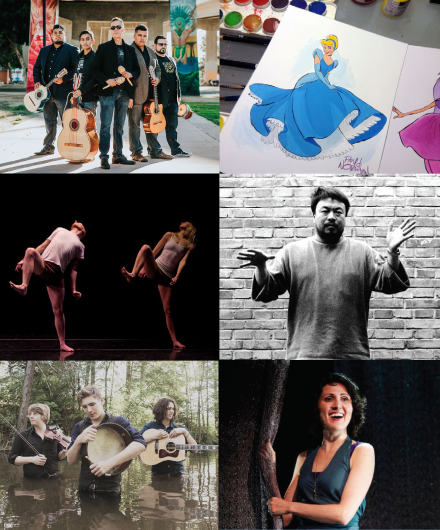 Composite image of artists practicing their crafts, including musicians, dancers, and illustrations