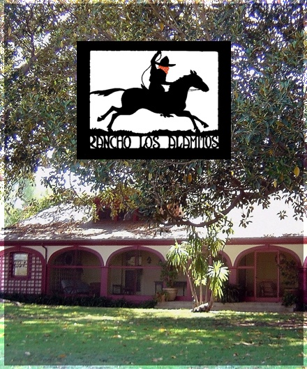 An image from Rancho Los Alamitos with their logo superimposed, a silhouette of a rider on a horse with a lasso, harkening to the site's history as a working ranch.