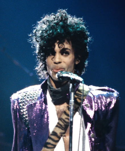 Prince on stage in his signature purple jacket.